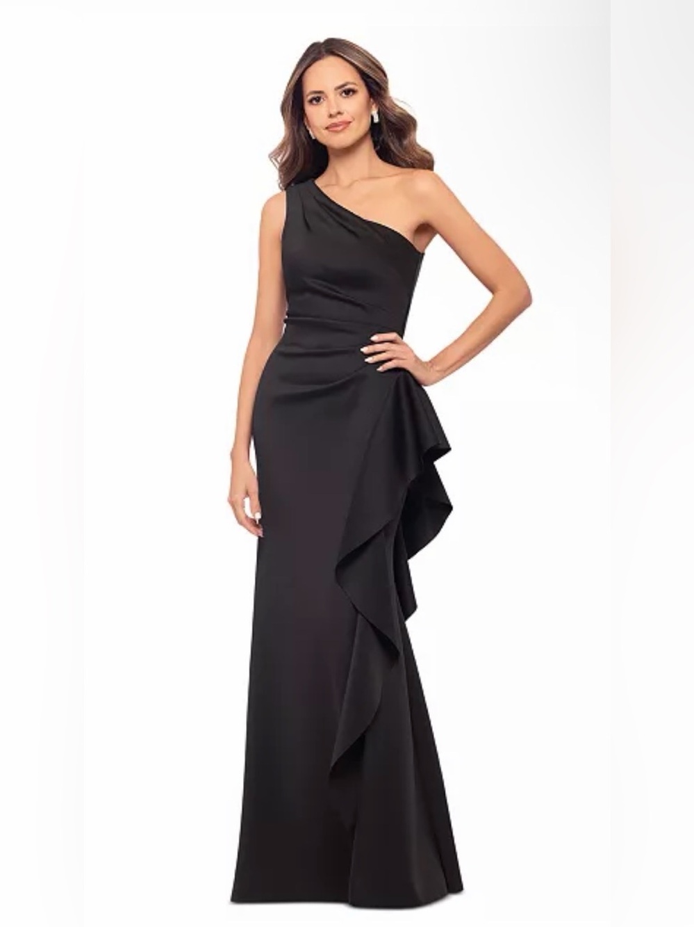 Xscape One-Shoulder Black Ruffle Gown